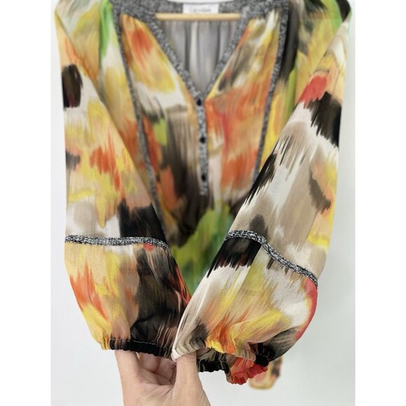 Calvin Klein Abstract Watercolor Button Lined Chiffon Blouse Puff Slv Sz Sm Boho - Picture 4 of 11